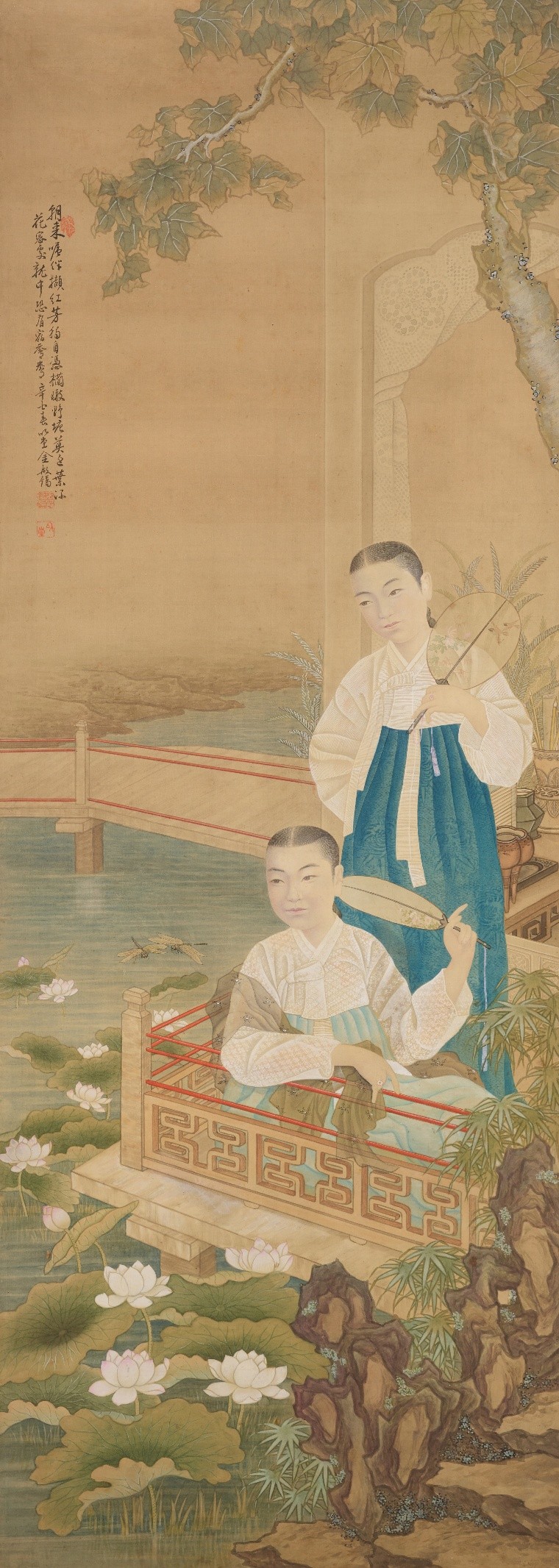 <h2>爱莲美人图</h2><p>作者：金殷镐</p><p>创作年代：1921年</p><p>规格：144cm×51.5cm</p><p>品类：绢本设色</p>